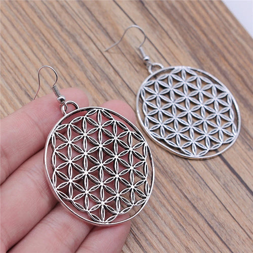 Carved Pattern Flower Of Life Dreamcatcher Dangle Drop Earing Bohemian