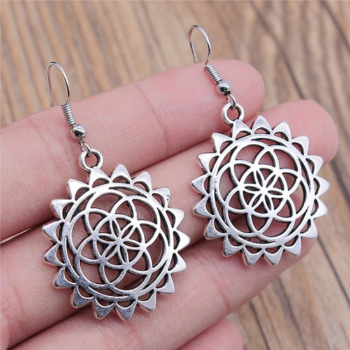 Carved Pattern Flower Of Life Dreamcatcher Dangle Drop Earing Bohemian