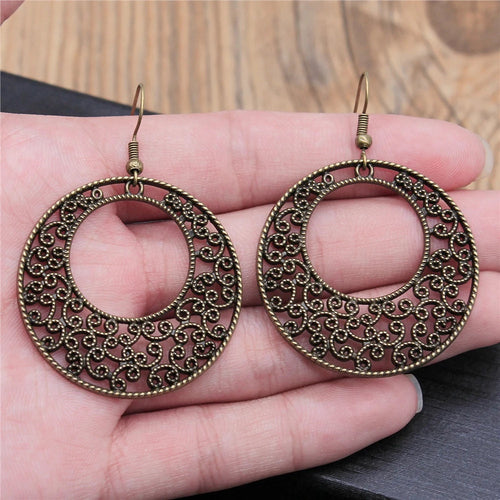 Carved Pattern Flower Of Life Dreamcatcher Dangle Drop Earing Bohemian