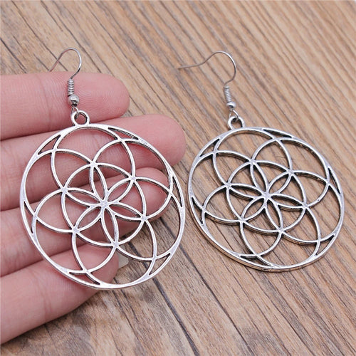 Carved Pattern Flower Of Life Dreamcatcher Dangle Drop Earing Bohemian