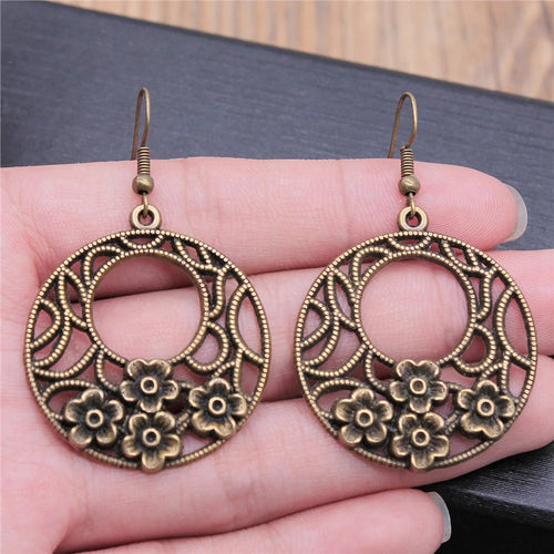 Carved Pattern Flower Of Life Dreamcatcher Dangle Drop Earing Bohemian