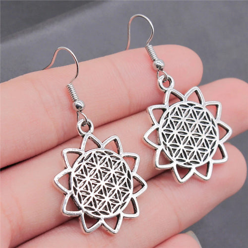 Carved Pattern Flower Of Life Dreamcatcher Dangle Drop Earing Bohemian