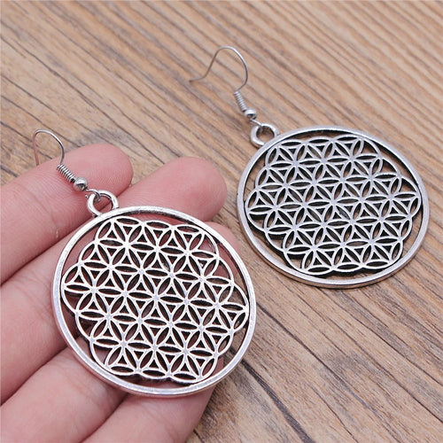 Carved Pattern Flower Of Life Dreamcatcher Dangle Drop Earing Bohemian