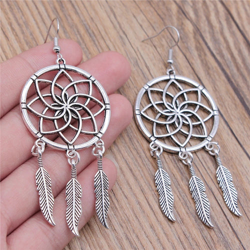 Carved Pattern Flower Of Life Dreamcatcher Dangle Drop Earing Bohemian