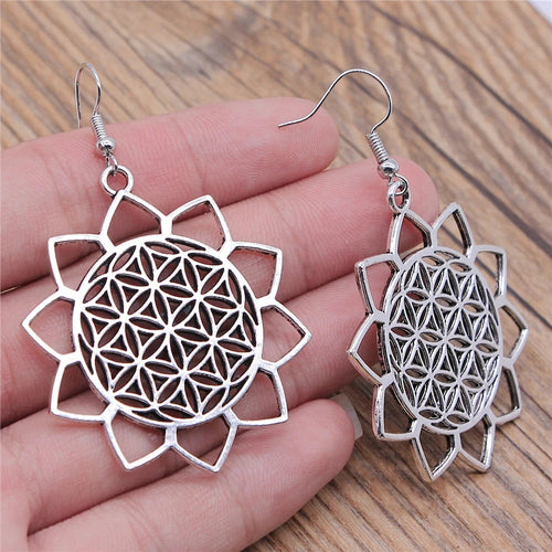 Carved Pattern Flower Of Life Dreamcatcher Dangle Drop Earing Bohemian