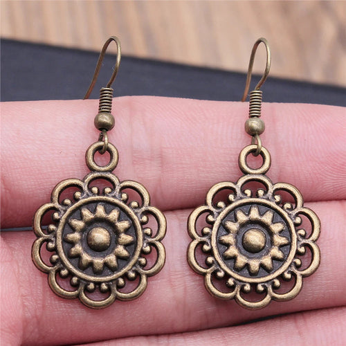 Carved Pattern Flower Of Life Dreamcatcher Dangle Drop Earing Bohemian
