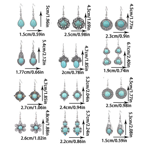 12 Pairs Ethnic Style Drop Earrings with Turquoise Boho