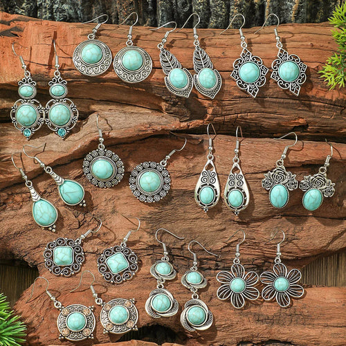 12 Pairs Ethnic Style Drop Earrings with Turquoise Boho